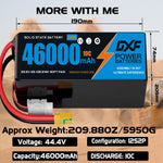 DXF SEMI-SOLID 12S 44.4V 46000mAh 10C Soft Case LiPo Battery with 8AWG Wire for Toy Cars, Boats, UAVs & Drones (1-6 Pack)