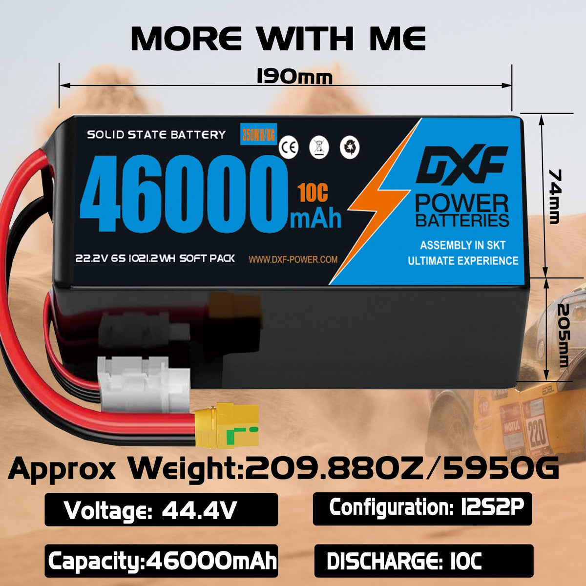 DXF SEMI-SOLID 12S 44.4V 46000mAh 10C Soft Case LiPo Battery with 8AWG Wire for Toy Cars, Boats, UAVs & Drones (1-6 Pack)
