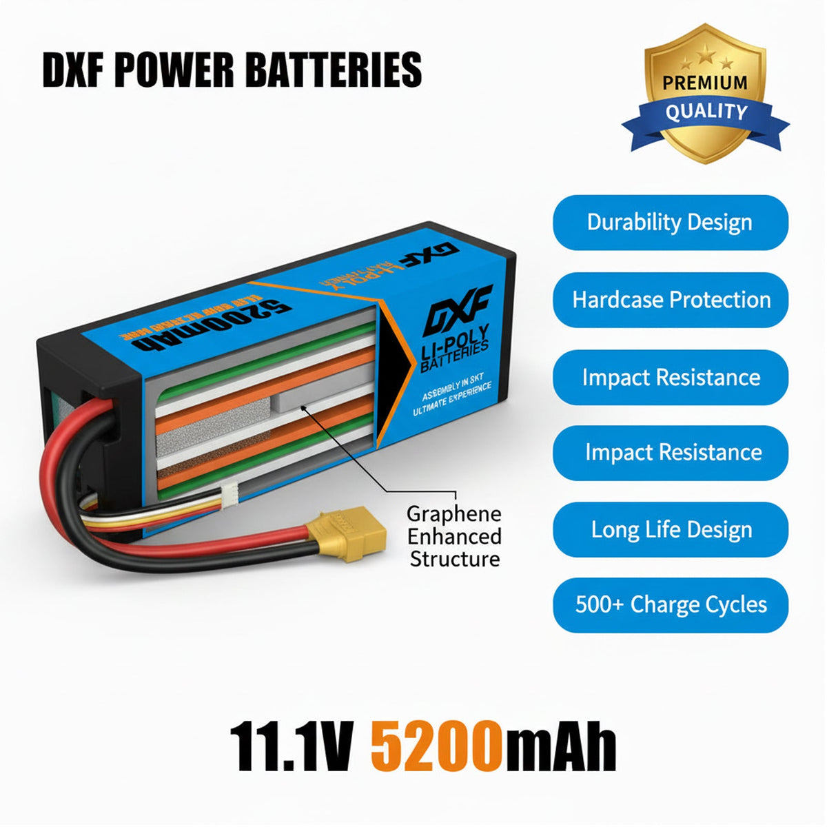 DXF LiPo Battery 3S 11.1V 5200mAh 80C Graphene Hardcase with EC5 / T / TRX / XT60 / XT90 / XT150 / Q8s Plug for RC 1/8 1/10 Buggy Truck Car Off-Road Drone