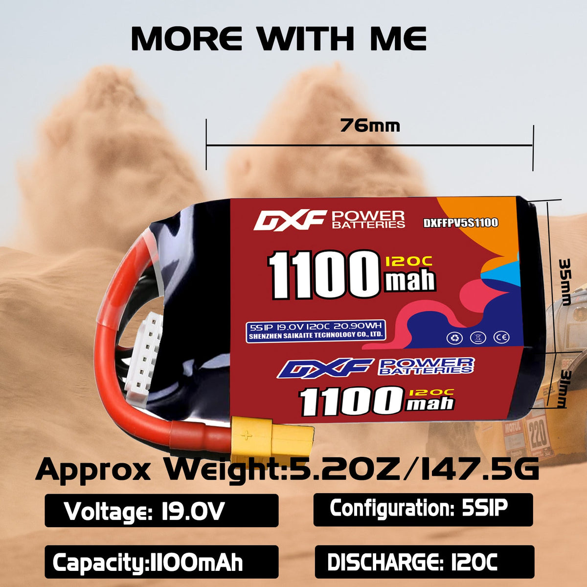 DXF 5S 19.0V 1100mAh 120C LiPo Battery for FPV Micro Drones (PH2.0 / JST / XT30 / SM / XT60 / EC5 / XT90 Options)