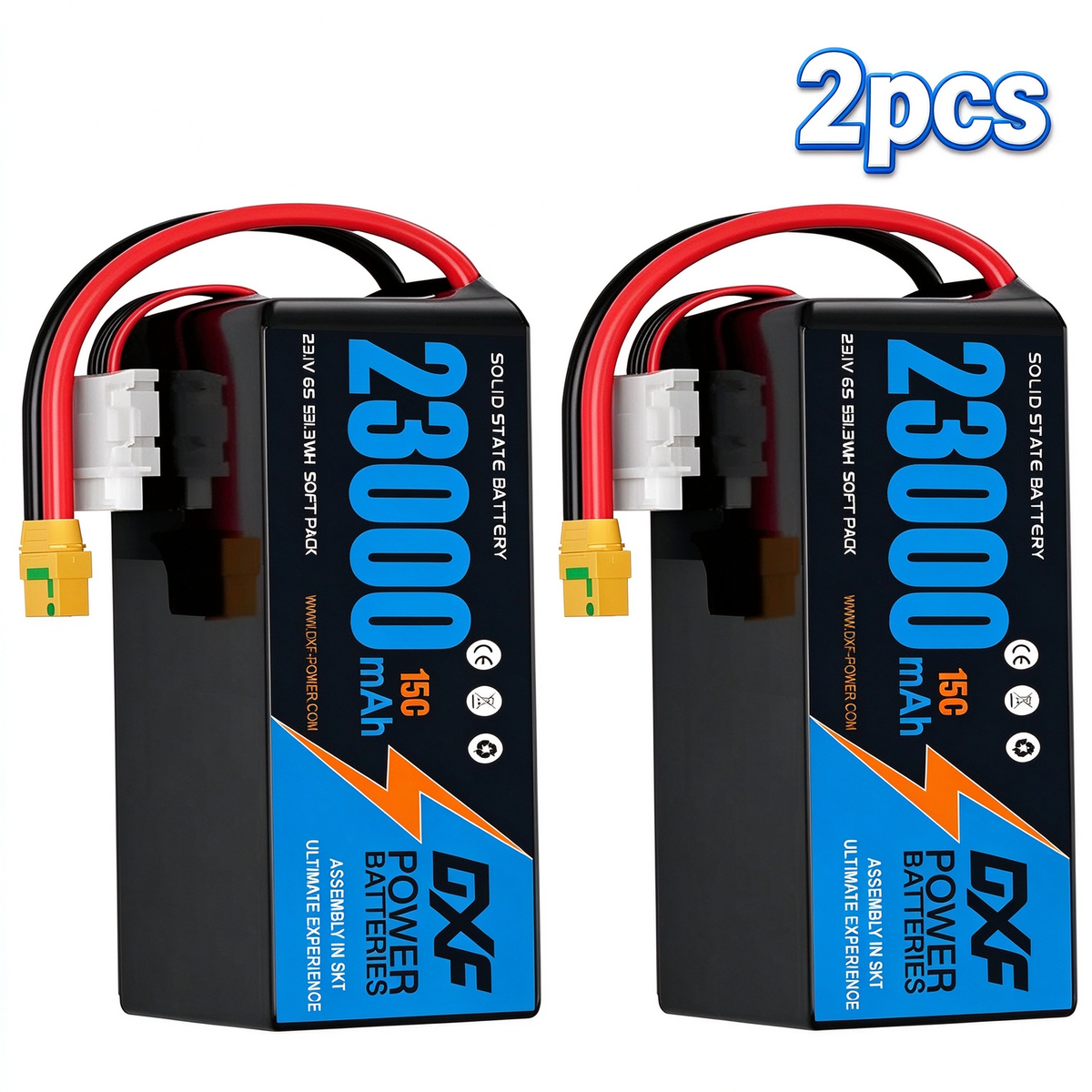 DXF 6S 23.1V 23000mAh 15C Soft Case LiPo Battery with 8AWG Wire for Toy Cars, Boats, UAVs & Drones (1-6 Pack)
