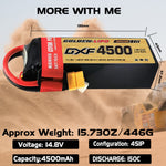 DXF Lipo Battery 4S 14.8V 4500mAh 150C GoldSeries Graphene Softcase with EC5 / T / TRX / XT60 / XT90 / XT150 / Q8s Plug for RC 1/8 1/10 Buggy Truck Car Off-Road Drone