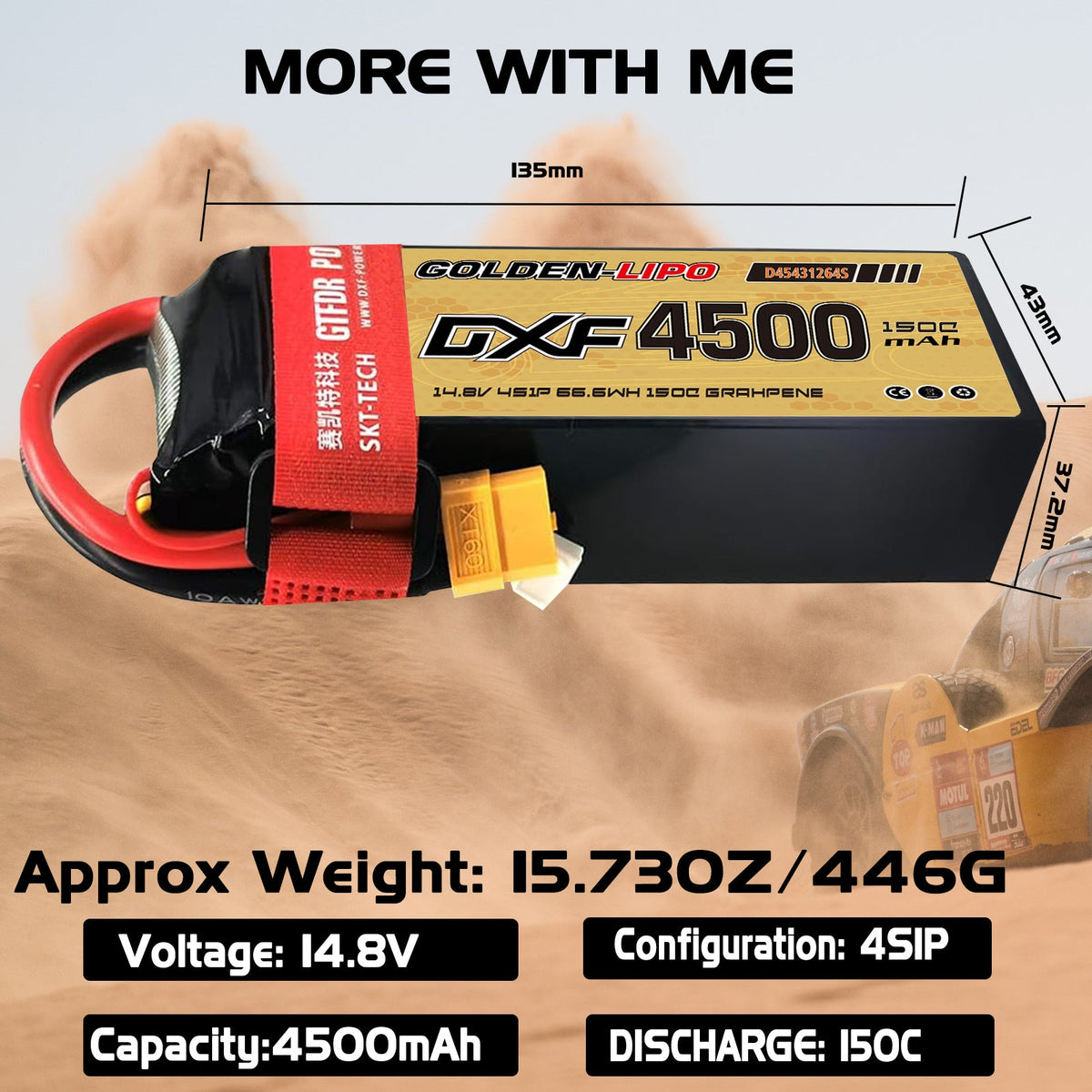 DXF Lipo Battery 4S 14.8V 4500mAh 150C GoldSeries Graphene Softcase with EC5 / T / TRX / XT60 / XT90 / XT150 / Q8s Plug for RC 1/8 1/10 Buggy Truck Car Off-Road Drone