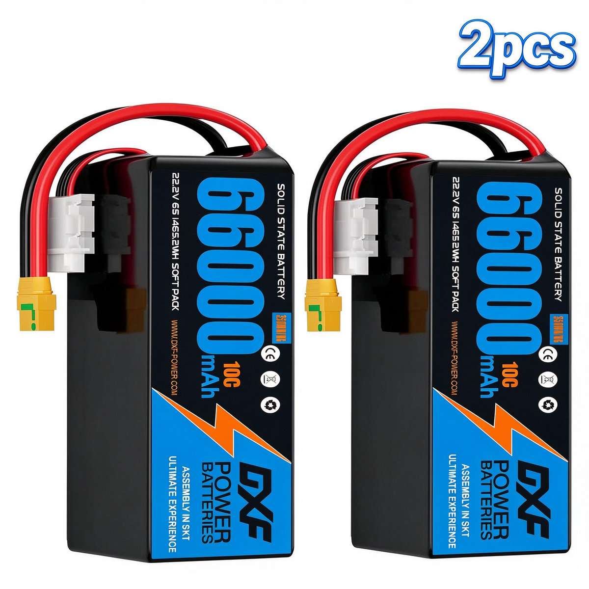 DXF 6S 22.2V 66000mAh 10C Soft Case LiPo Battery with 8AWG Wire for Toy Cars, Boats, UAVs & Drones (1-6 Pack)