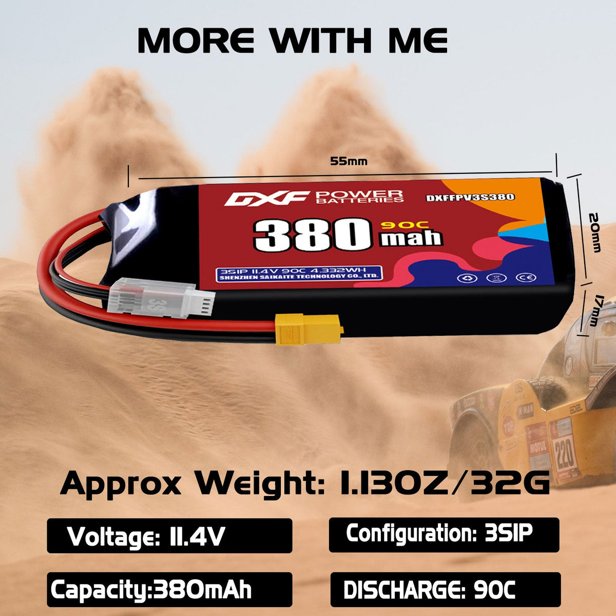 DXF 3S 11.4V 380mAh 90C LiPo Battery for FPV Micro Drones (PH2.0 / JST / XT30 / SM / XT60 / EC5 / XT90 Options)