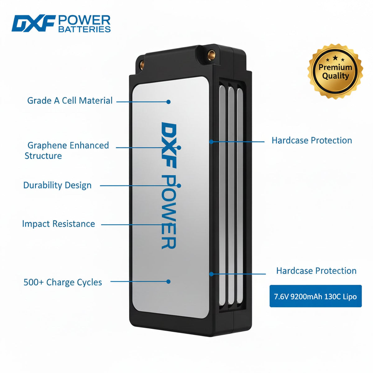 DXF 2S 7.6V Lipo Battery 130C 9200mAh Hardcase with 5mm Bullet to Deans Plug for RC 1/8 Vehicles Car Truck Tank Truggy Competition Racing Hobby
