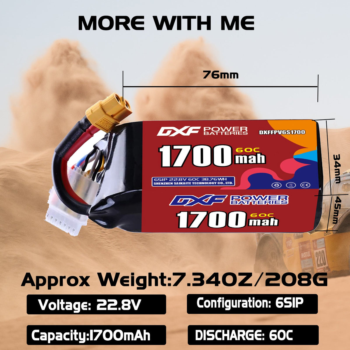 DXF LiPo Battery 6S HV 22.8V 1700mAh 60C with PH2.0 / JST / XT30 / SM / XT60 / EC5 / XT90 for FPV Drone Whoop Micro Racing