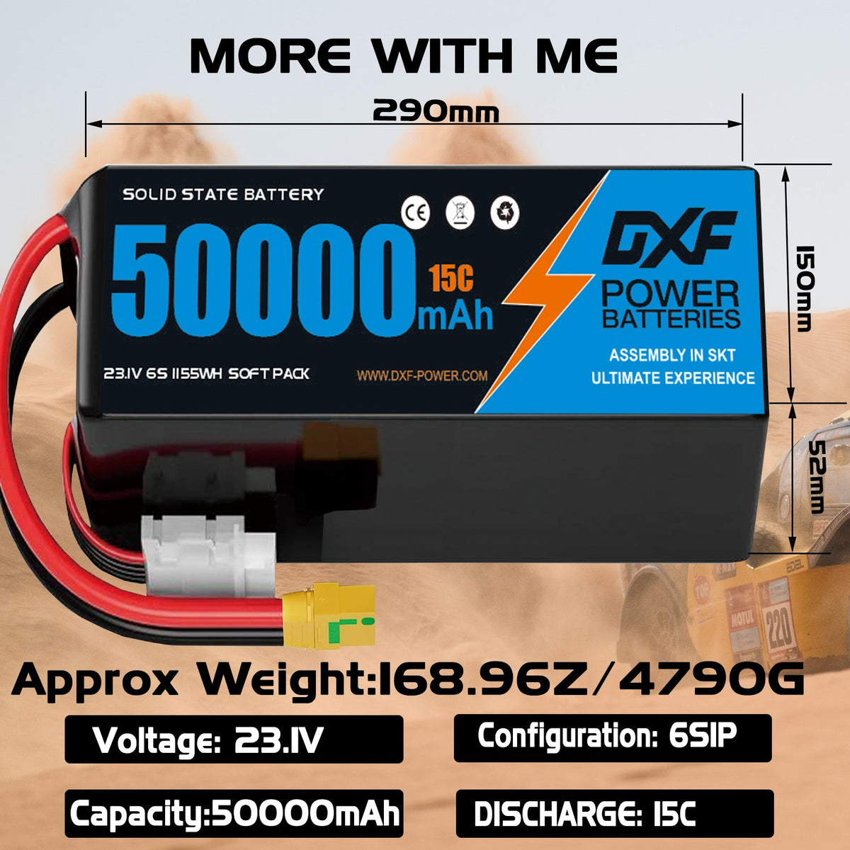 DXF 6S 23.1V 50000mAh 15C Soft Case LiPo Battery with 8AWG Wire for Toy Cars, Boats, UAVs & Drones (1-6 Pack)