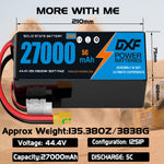 DXF SEMI-SOLID 12S 44.4V 27000mAh 5C Soft Case LiPo Battery with 8AWG Wire for UAVs & Drones (1-6 Pack)