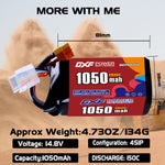 DXF 4S 14.8V 1050mAh 150C LiPo Battery for FPV Micro Drones (PH2.0 / JST / XT30 / SM / XT60 / EC5 / XT90 Options)