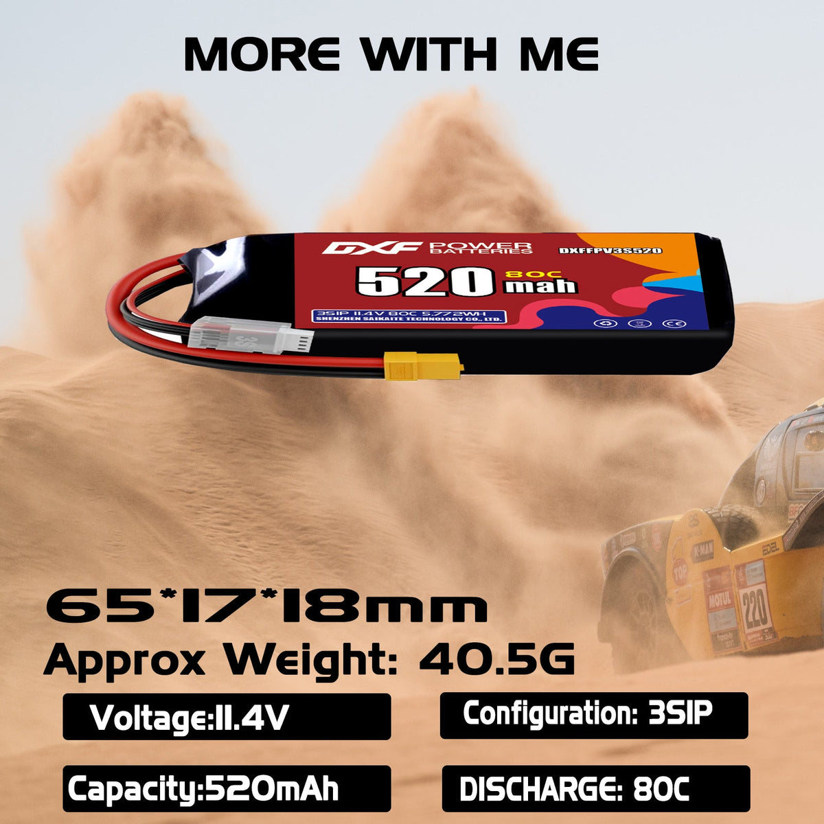 DXF LiPo Battery 3S HV 11.4V 520mAh 80C with PH2.0 / JST / XT30 / SM / XT60 / EC5 / XT90 for FPV Drone Whoop Micro Racing