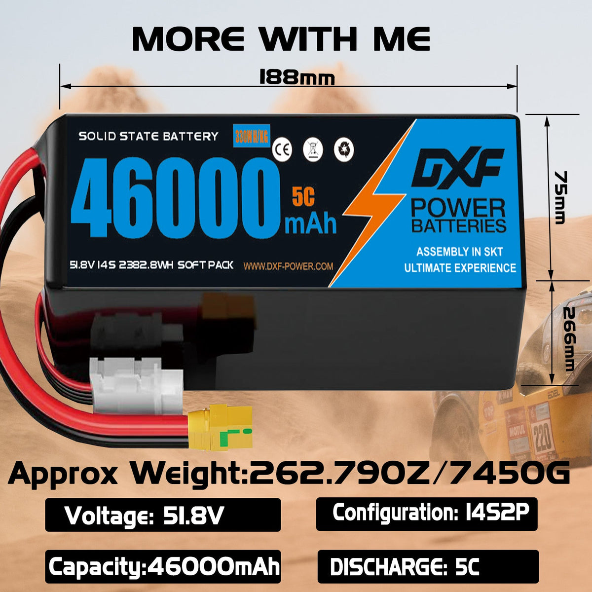 DXF SEMI-SOLID 14S 51.8V 46000mAh 5C Soft Case LiPo Battery with 8AWG Wire for Toy Cars, Boats, UAVs & Drones (1-6 Pack)