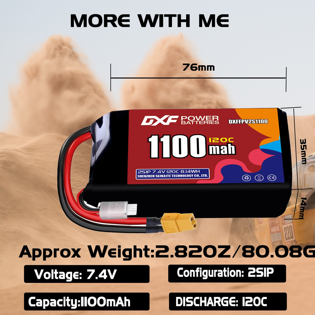 DXF 2S 7.4V 1100mAh 120C LiPo Battery for FPV Micro Drones (PH2.0 / JST / XT30 / SM / XT60 / EC5 / XT90 Options)
