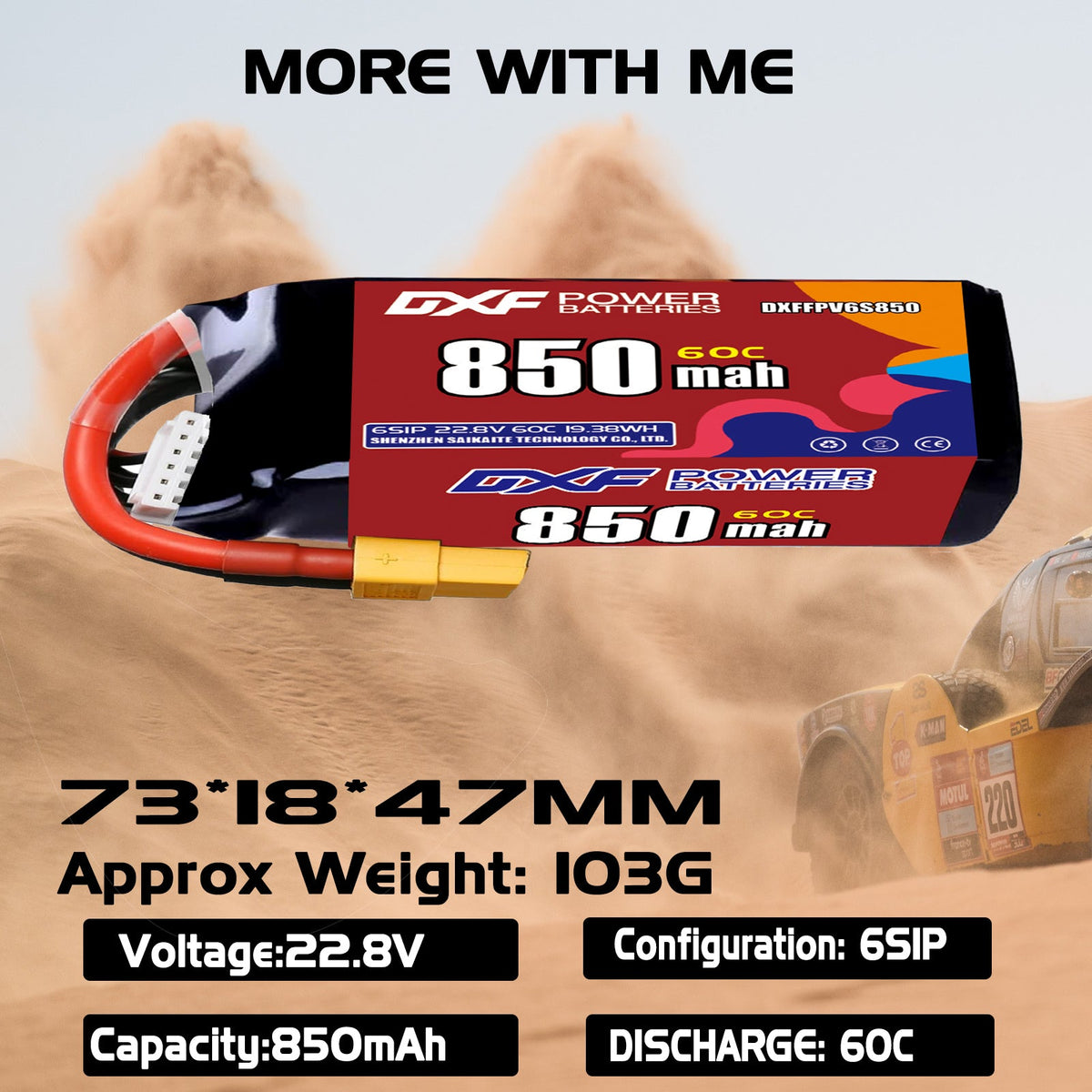 DXF LiPo Battery 6S HV 22.8V 850mAh 60C with PH2.0 / JST / XT30 / SM / XT60 / EC5 / XT90 for FPV Drone Whoop Micro Racing