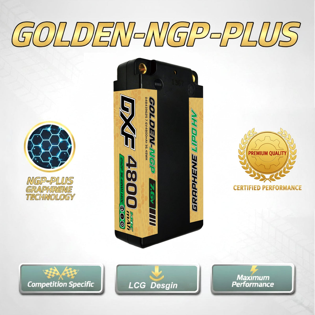 DXF LiPo Battery 2S HV 7.6V 4800mAh 140C Graphene Gray NGP Plus Gold Version with 5mm Bullet / EC5 / T / TRX / XT60 / XT90 / XT150 / Q8s Plug for RC 1/10 Touring Car Racing