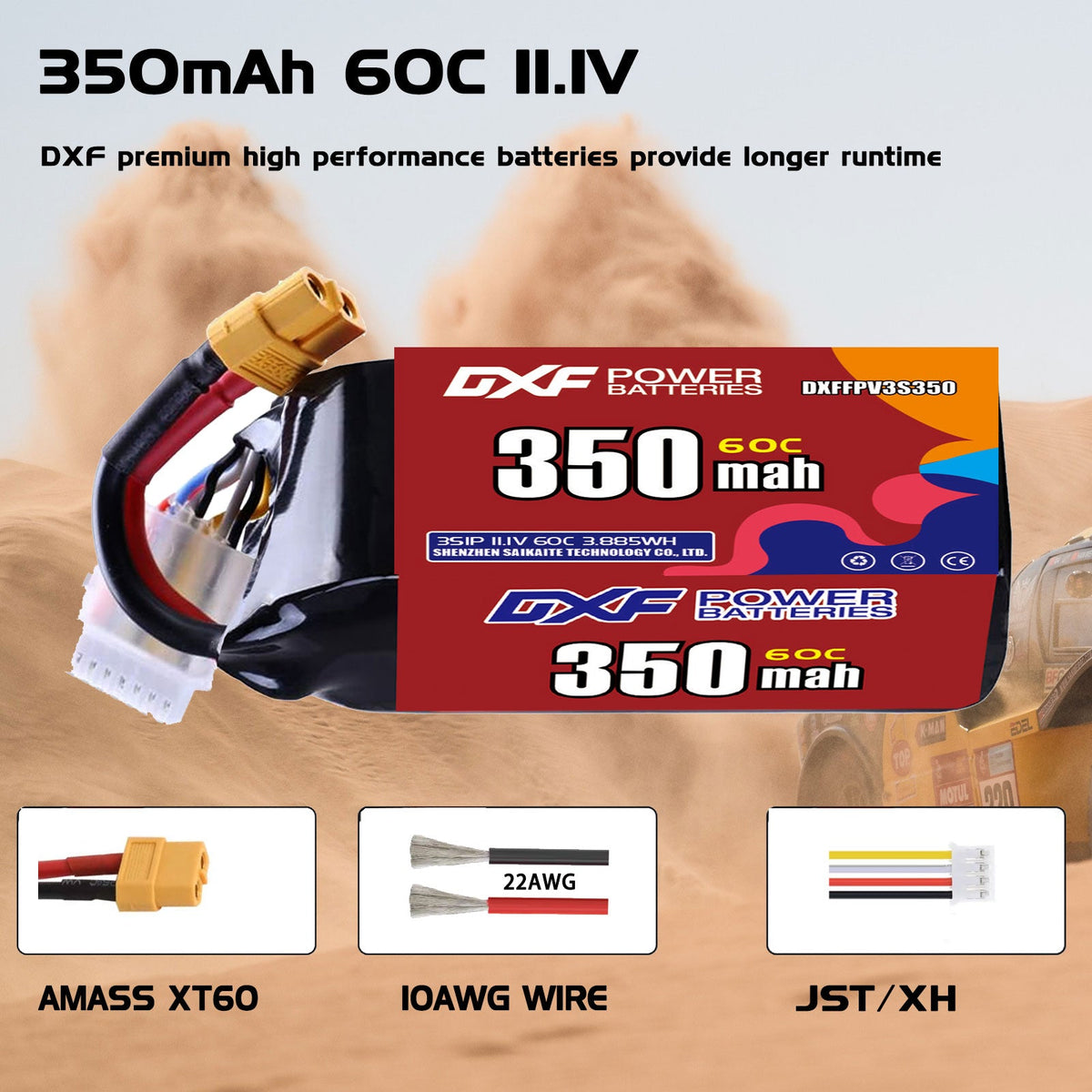 DXF LiPo Battery 3S 11.1V 350mAh 60C with PH2.0 / JST / XT30 / SM / XT60 / EC5 / XT90 for FPV Drone Whoop Micro Racing