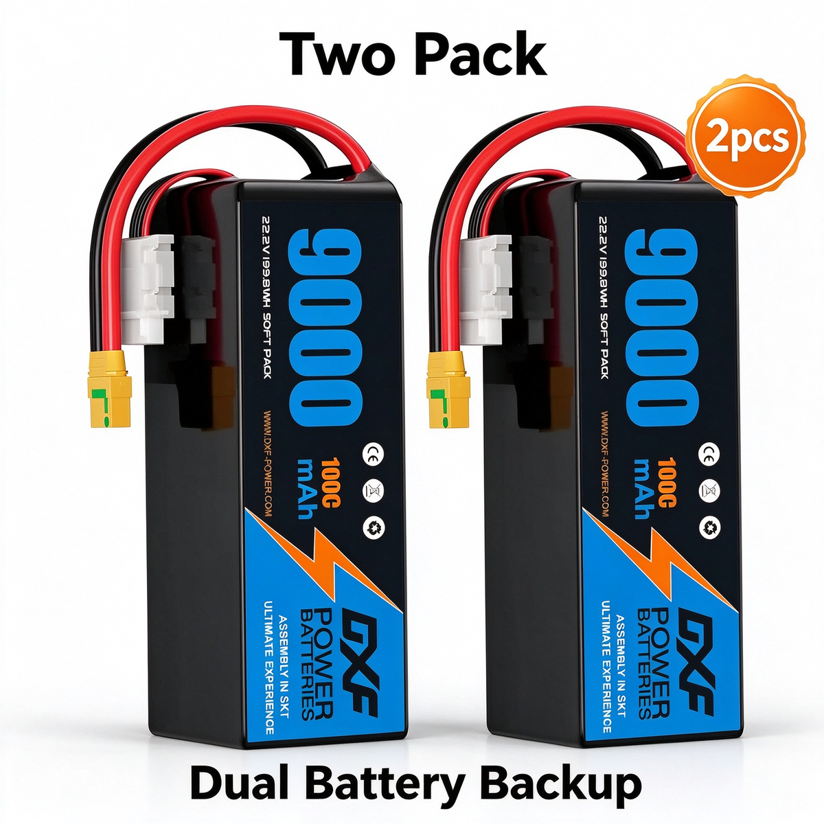 DXF 6S 22.2V 9000mAh 100C Soft Case LiPo Battery with 10AWG Wire for Toy Cars, Boats, UAVs & Drones (1-6 Pack)