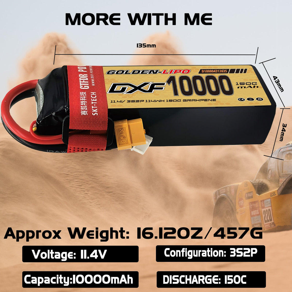 DXF Lipo Battery 3S HV 11.4V 10000mAh 150C GoldSeries Graphene Softcase with EC5 / T / TRX / XT60 / XT90 / XT150 / Q8s Plug for RC 1/8 1/10 Buggy Truck Car Off-Road Drone