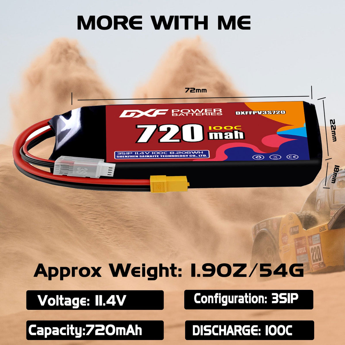 DXF 3S 11.4V 720mAh 100C LiPo Battery for FPV Micro Drones (PH2.0 / JST / XT30 / SM / XT60 / EC5 / XT90 Options)