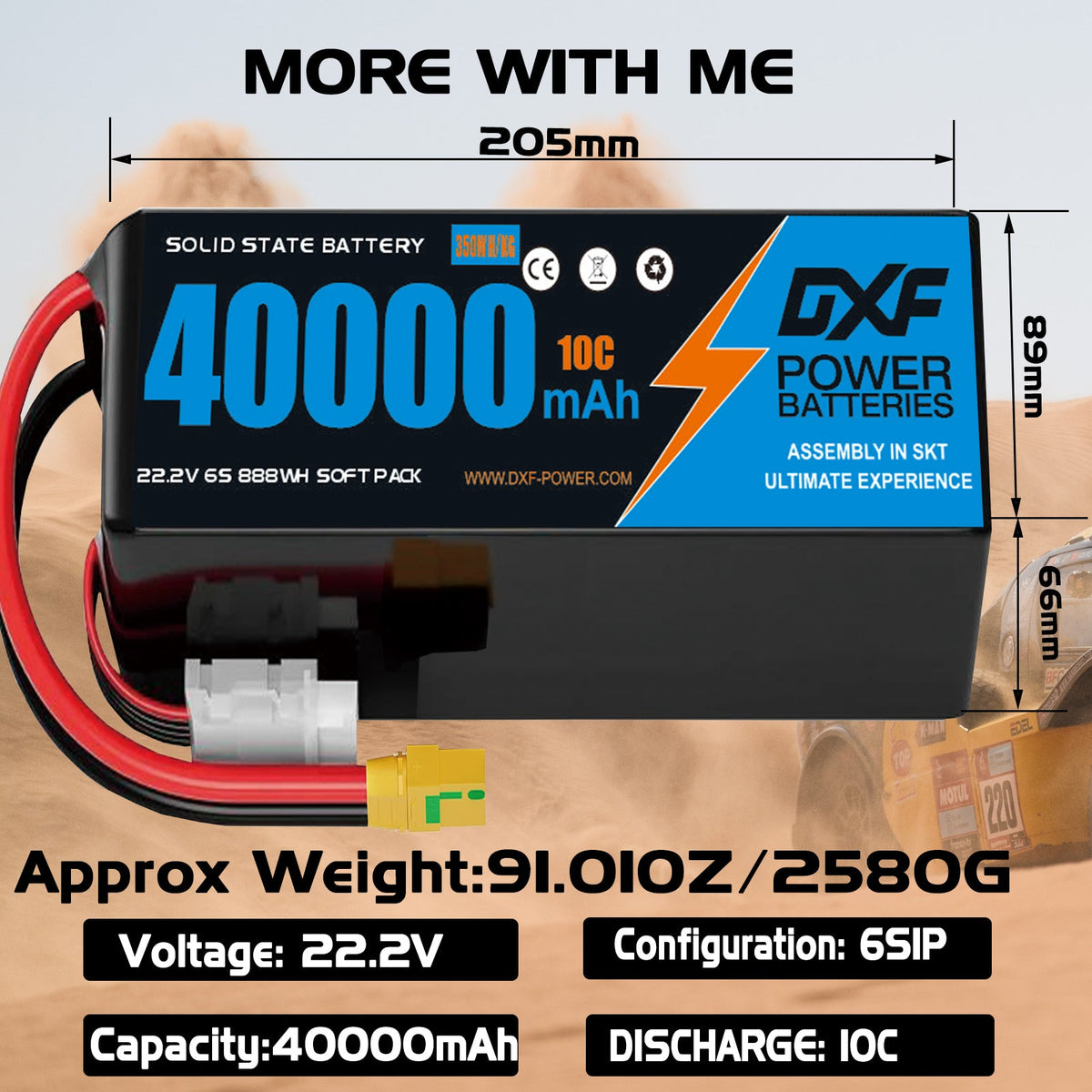 DXF SEMI-SOLID 6S 22.2V 40000mAh 10C Soft Case LiPo Battery with 8AWG Wire for Toy Cars, Boats, UAVs & Drones (1-6 Pack)