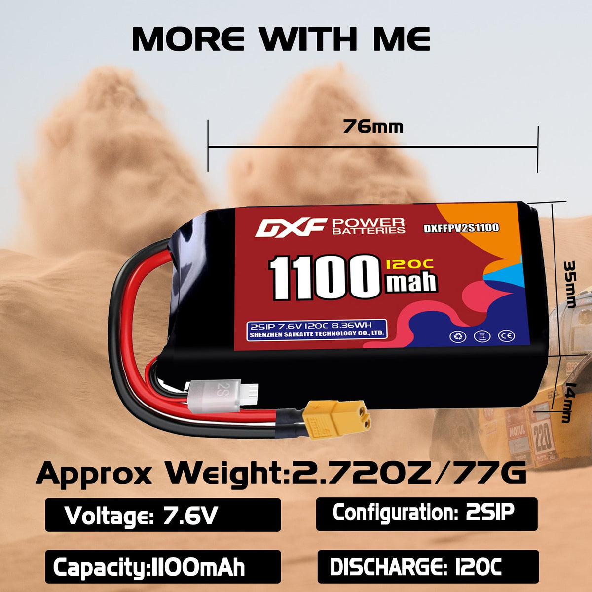 DXF 2S 7.6V 1100mAh 120C LiPo Battery for FPV Micro Drones (PH2.0 / JST / XT30 / SM / XT60 / EC5 / XT90 Options)