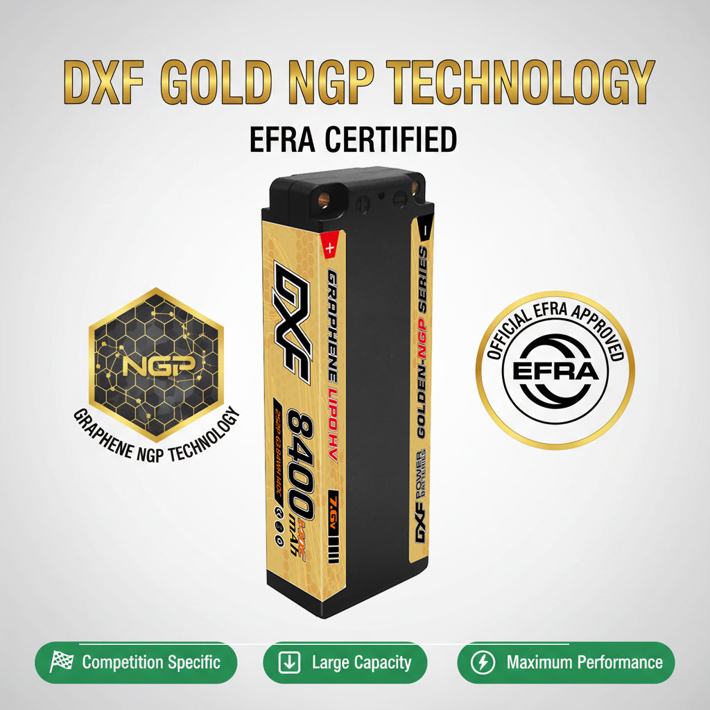 DXF 5mm 2S 8400mAh 7.6V 140C EFRA Certified GOLDEN-NGP HardCase LiPo Battery with Deans Plug for 1:8 RC Car, Multirotor, Airplane, Helicopter, Boat (1-6 Pack Available)