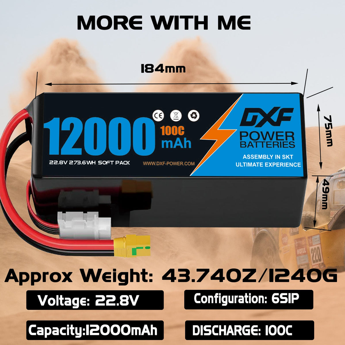 DXF 6S 22.8V 12000mAh 100C Soft Case LiPo Battery with 8AWG Wire for Toy Cars, Boats, UAVs & Drones (1-6 Pack)