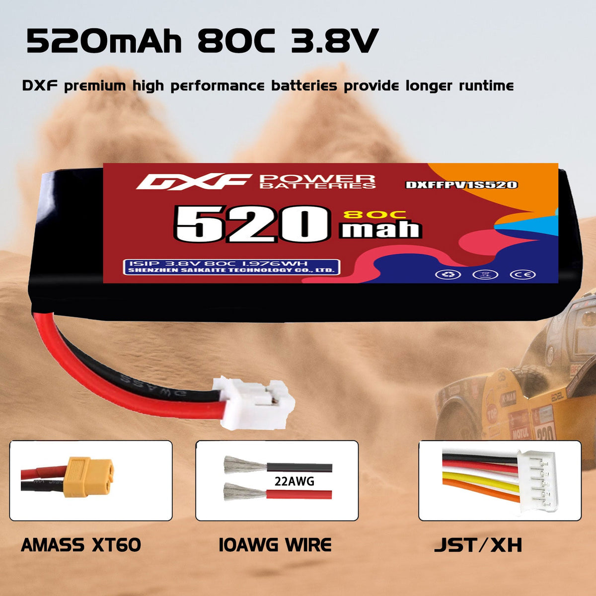 DXF LiPo Battery 1S HV 3.8V 520mAh 80C with PH2.0 / JST / XT30 / SM / XT60 / EC5 / XT90 for FPV Drone Whoop Micro Racing