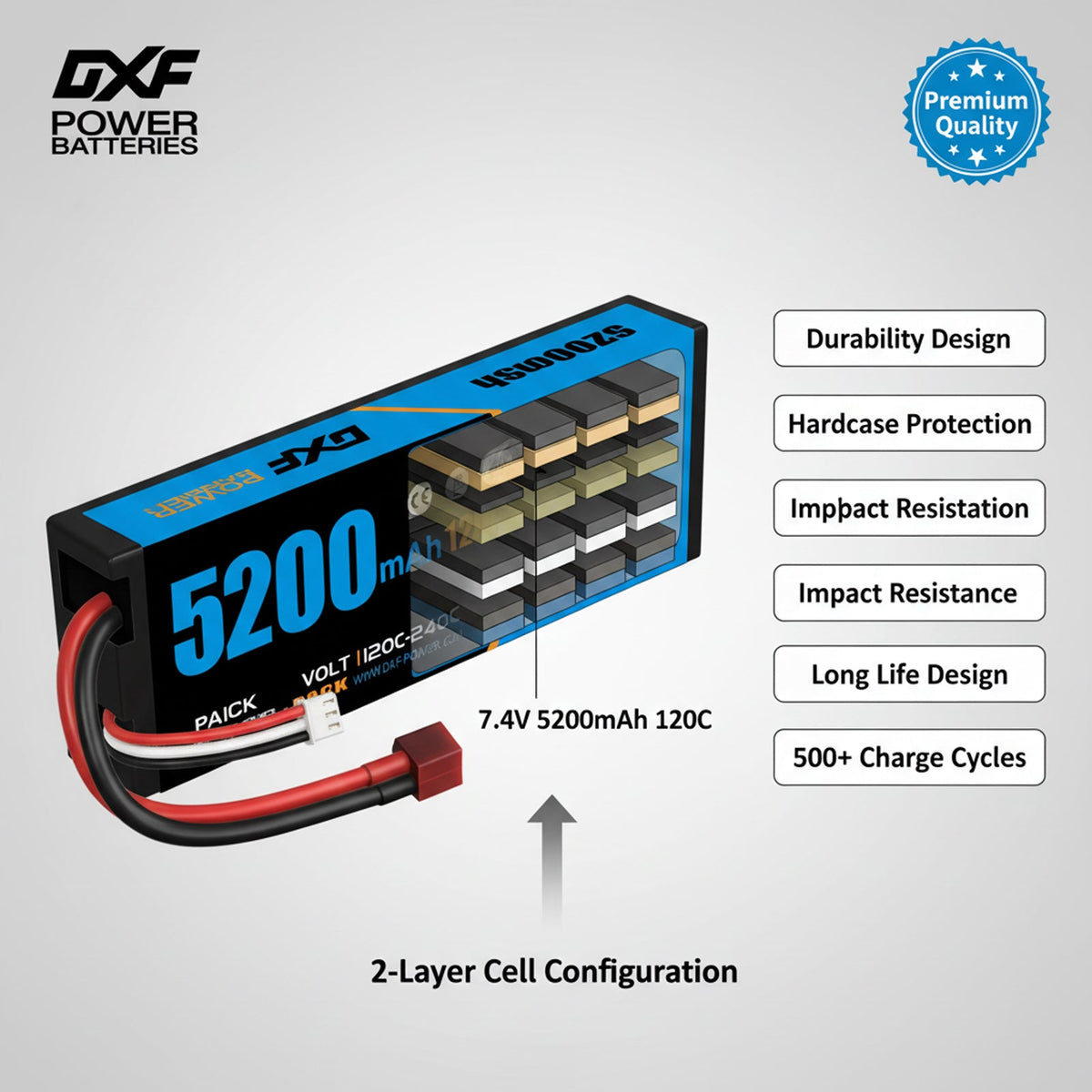 DXF LiPo Battery 2S 7.4V 5200mAh 120C Graphene Hardcase with EC5 / T / TRX / XT60 / XT90 / XT150 / Q8s Plug for RC 1/8 1/10 Buggy Truck Car Off-Road Drone