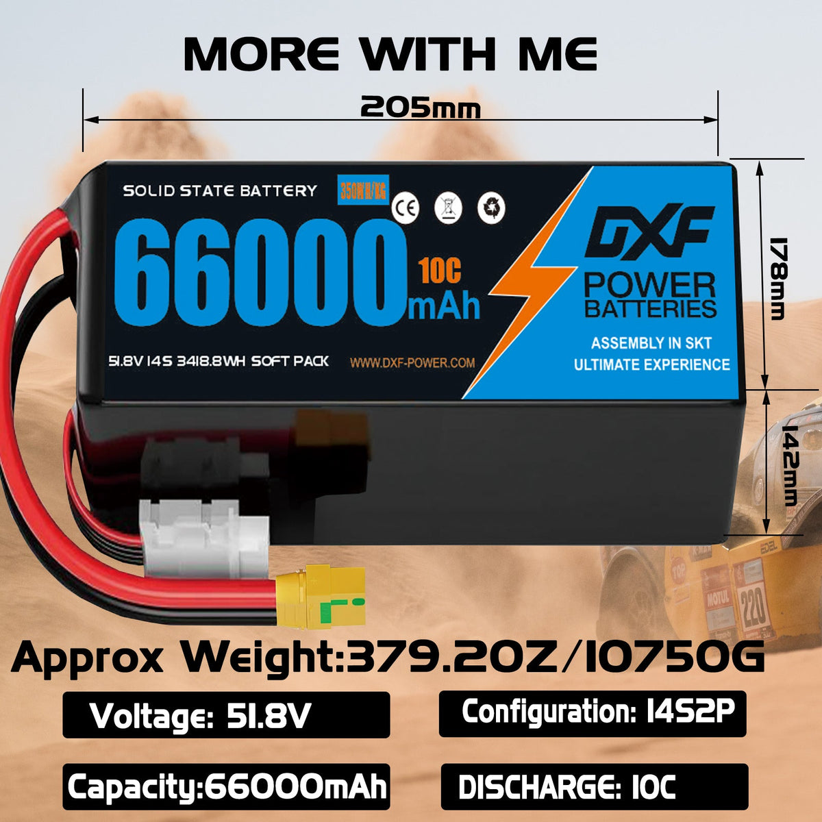 DXF SEMI-SOLID 14S 51.8V 66000mAh 10C Soft Case LiPo Battery with 8AWG Wire for Toy Cars, Boats, UAVs & Drones (1-6 Pack)