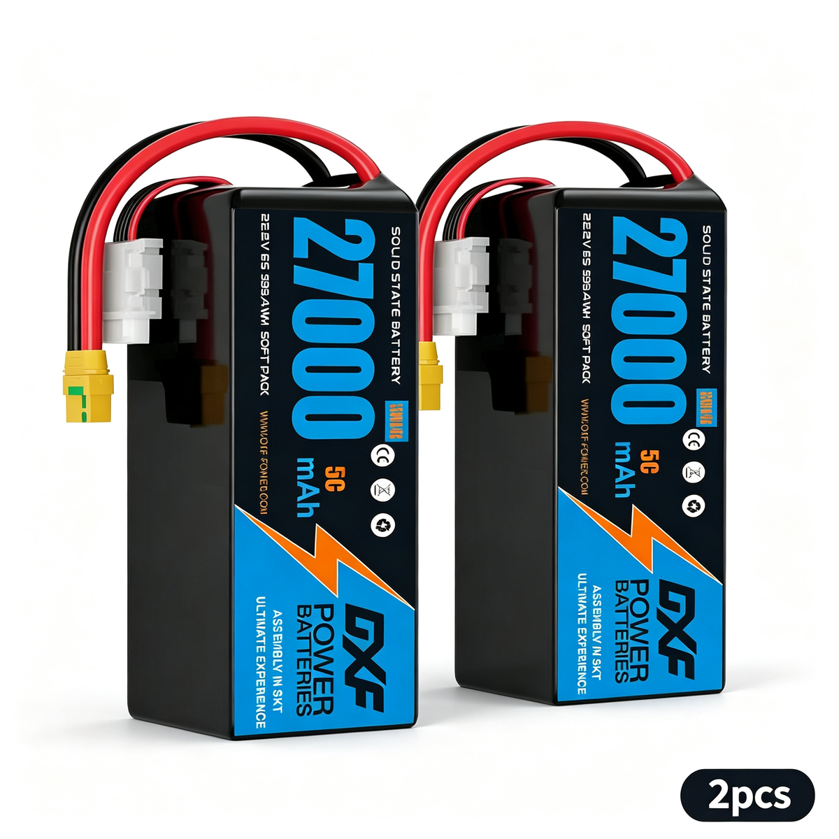DXF 6S 22.2V 27000mAh 5C Soft Case LiPo Battery with 8AWG Wire for Toy Cars, Boats, UAVs & Drones (1-6 Pack)