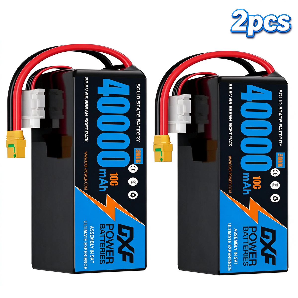 DXF SEMI-SOLID 6S 22.2V 40000mAh 10C Soft Case LiPo Battery with 8AWG Wire for Toy Cars, Boats, UAVs & Drones (1-6 Pack)