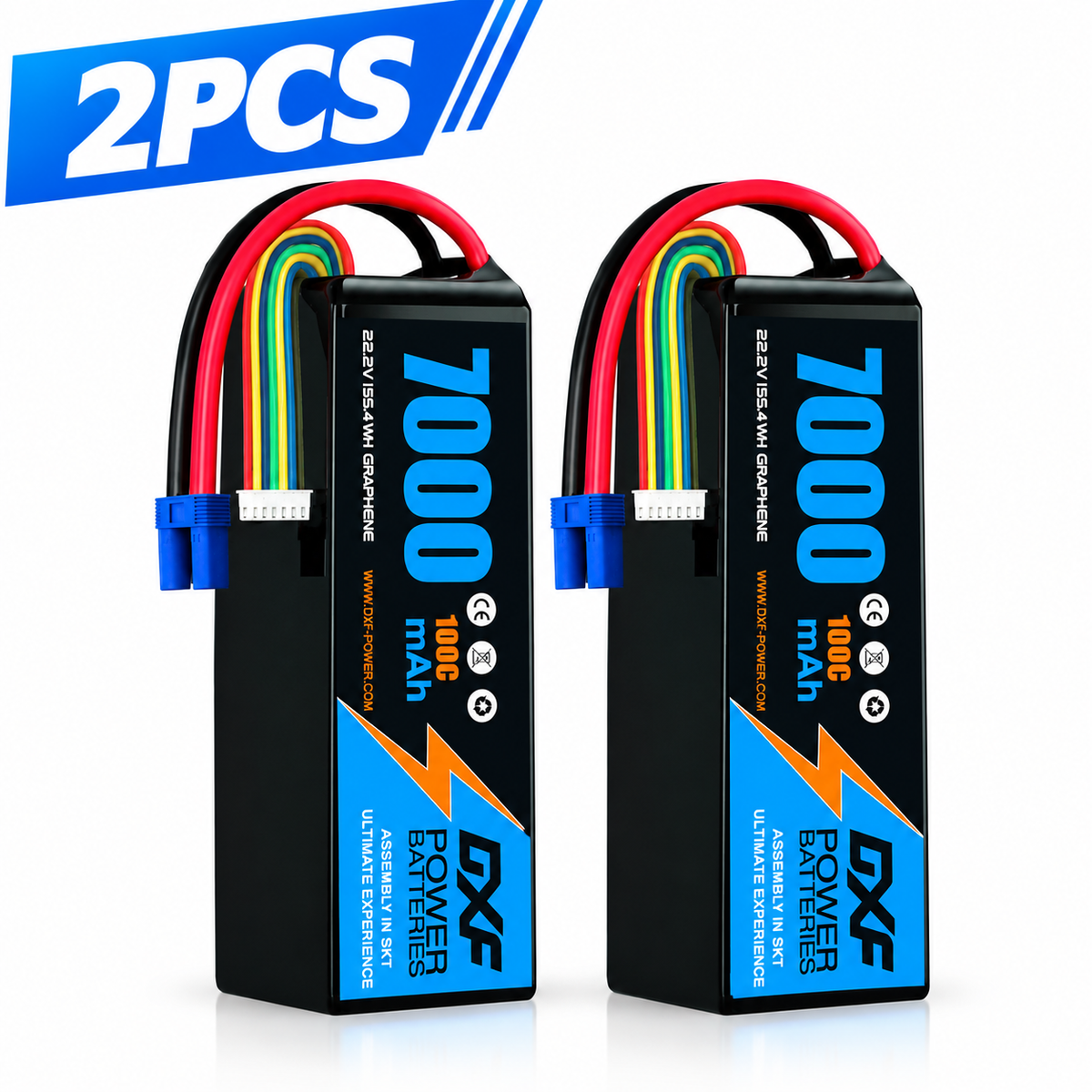 DXF 6S 22.2V 7000mAh 100C Softcase LiPo Battery with EC5 & 10AWG Wire for 1/8 RC Cars (1-6 Pack)