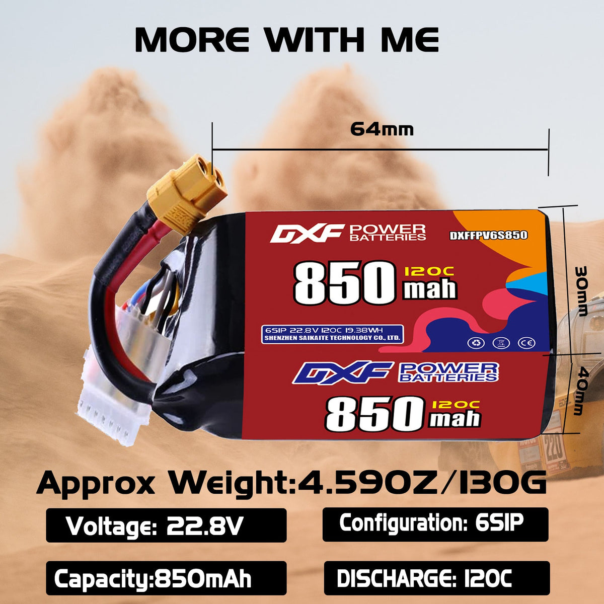 DXF 6S 22.8V 850mAh 120C LiPo Battery for FPV Micro Drones (PH2.0 / JST / XT30 / SM / XT60 / EC5 / XT90 Options)