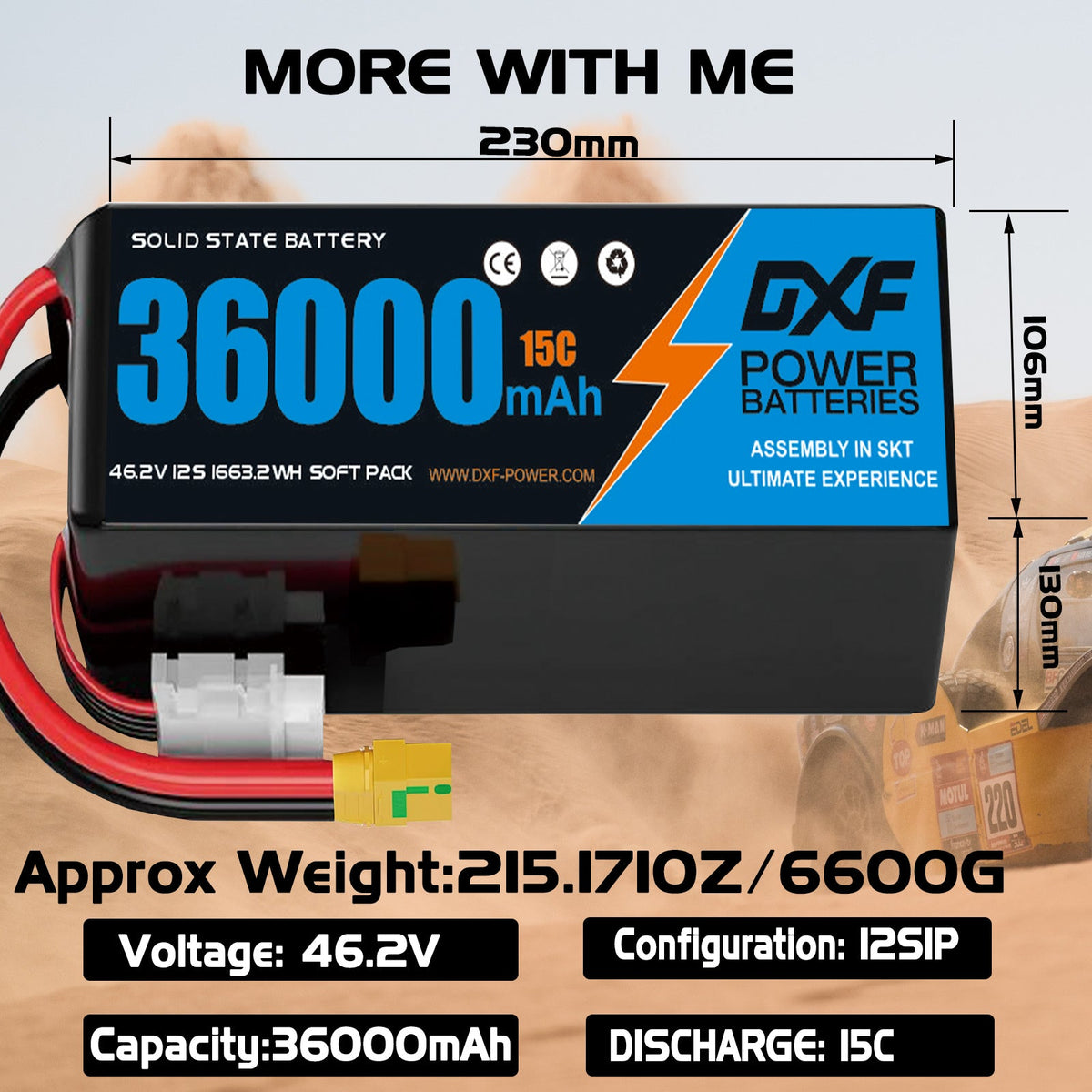 DXF SEMI-SOLID 12S 46.2V 36000mAh 15C Soft Case LiPo Battery with 8AWG Wire for Toy Cars, Boats, UAVs & Drones (1-6 Pack)