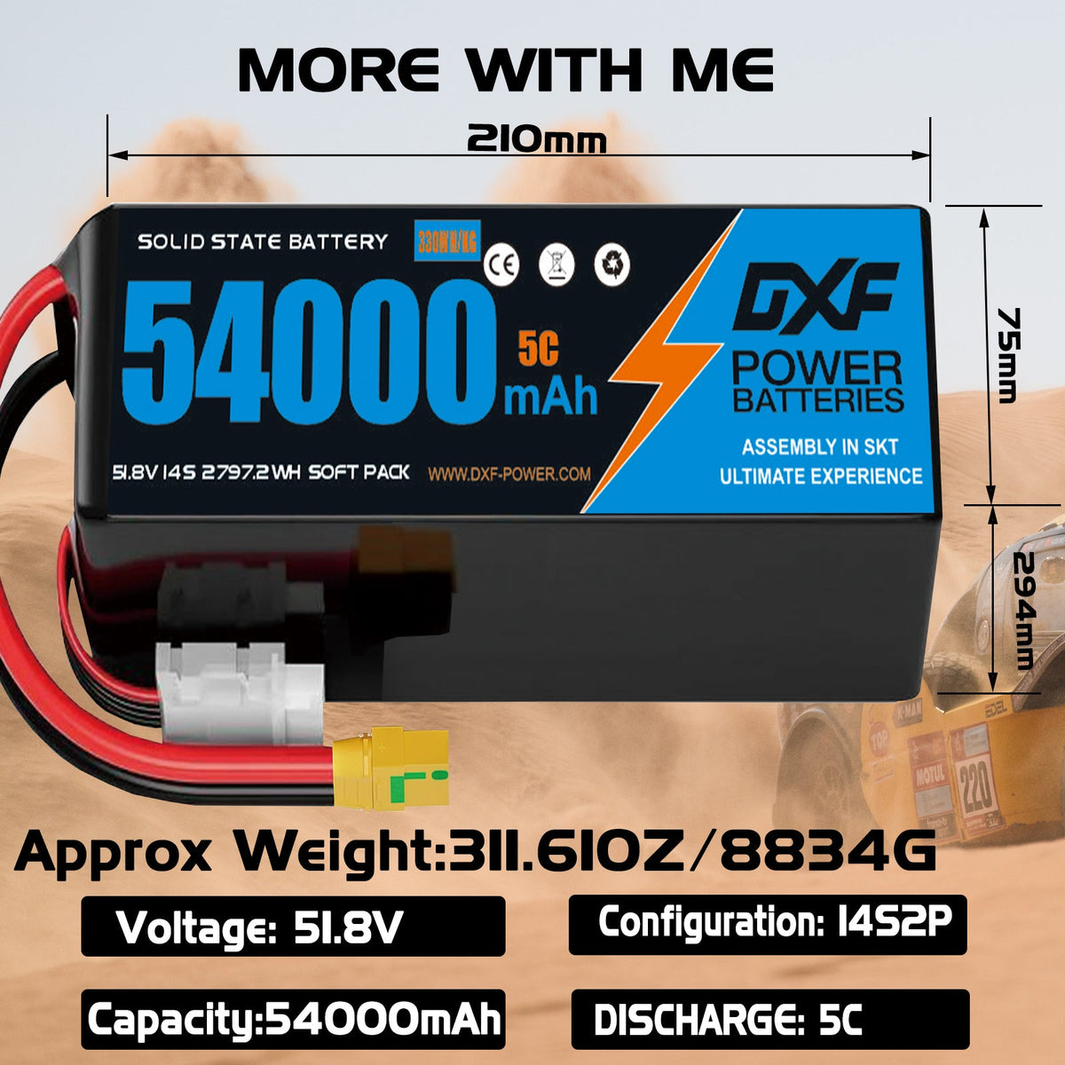 DXF SEMI-SOLID 14S 51.8V 54000mAh 5C Soft Case LiPo Battery with 8AWG Wire for Toy Cars, Boats, UAVs & Drones (1-6 Pack)