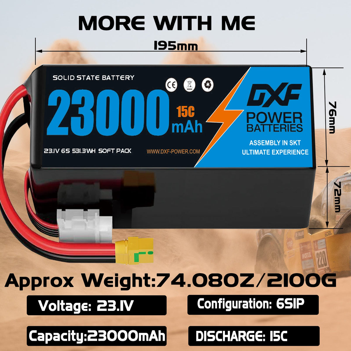DXF 6S 23.1V 23000mAh 15C Soft Case LiPo Battery with 8AWG Wire for Toy Cars, Boats, UAVs & Drones (1-6 Pack)