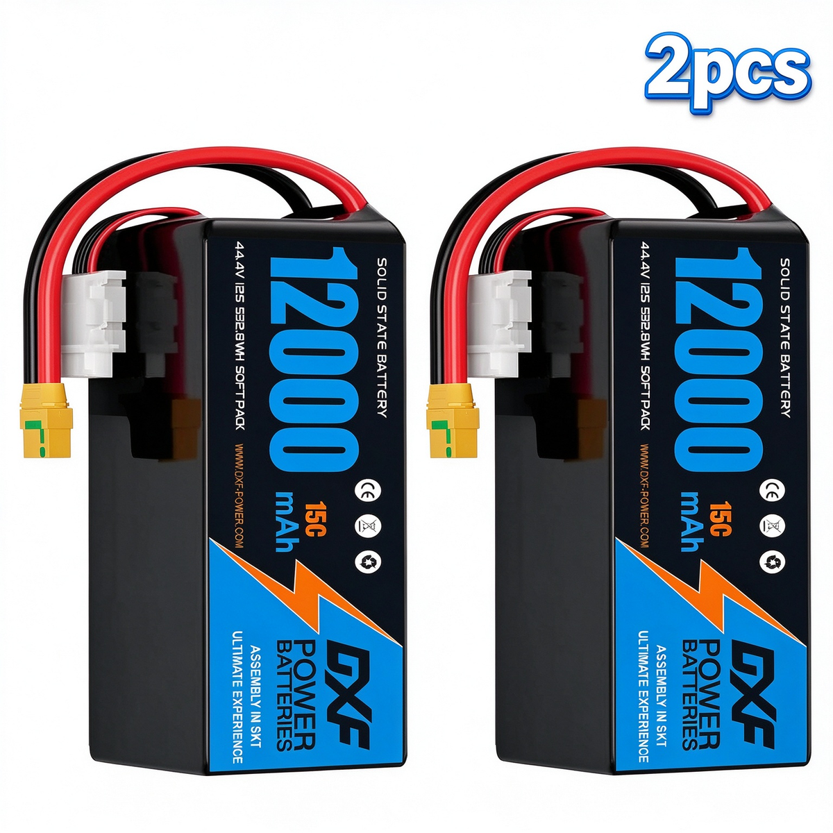DXF SEMI-SOLID 12S 44.4V 12000mAh 15C Soft Case LiPo Battery with 8AWG Wire for Toy Cars, Boats, UAVs & Drones (1-6 Pack)
