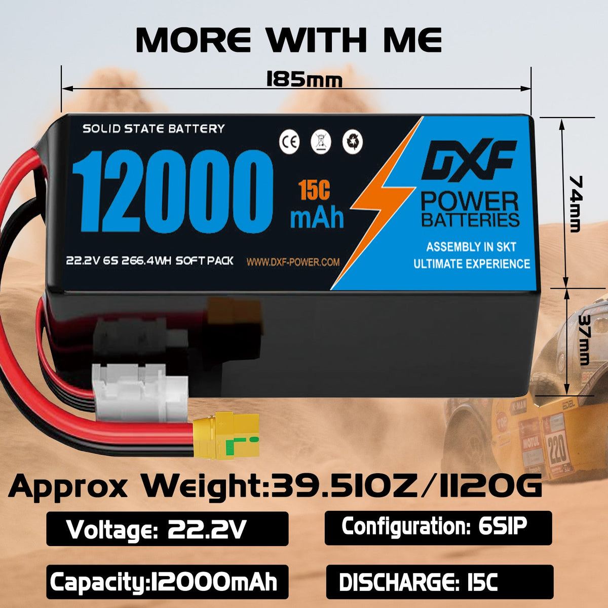 DXF 6S 22.2V 12000mAh 15C Soft Case LiPo Battery with 8AWG Wire for Toy Cars, Boats, UAVs & Drones (1-6 Pack)