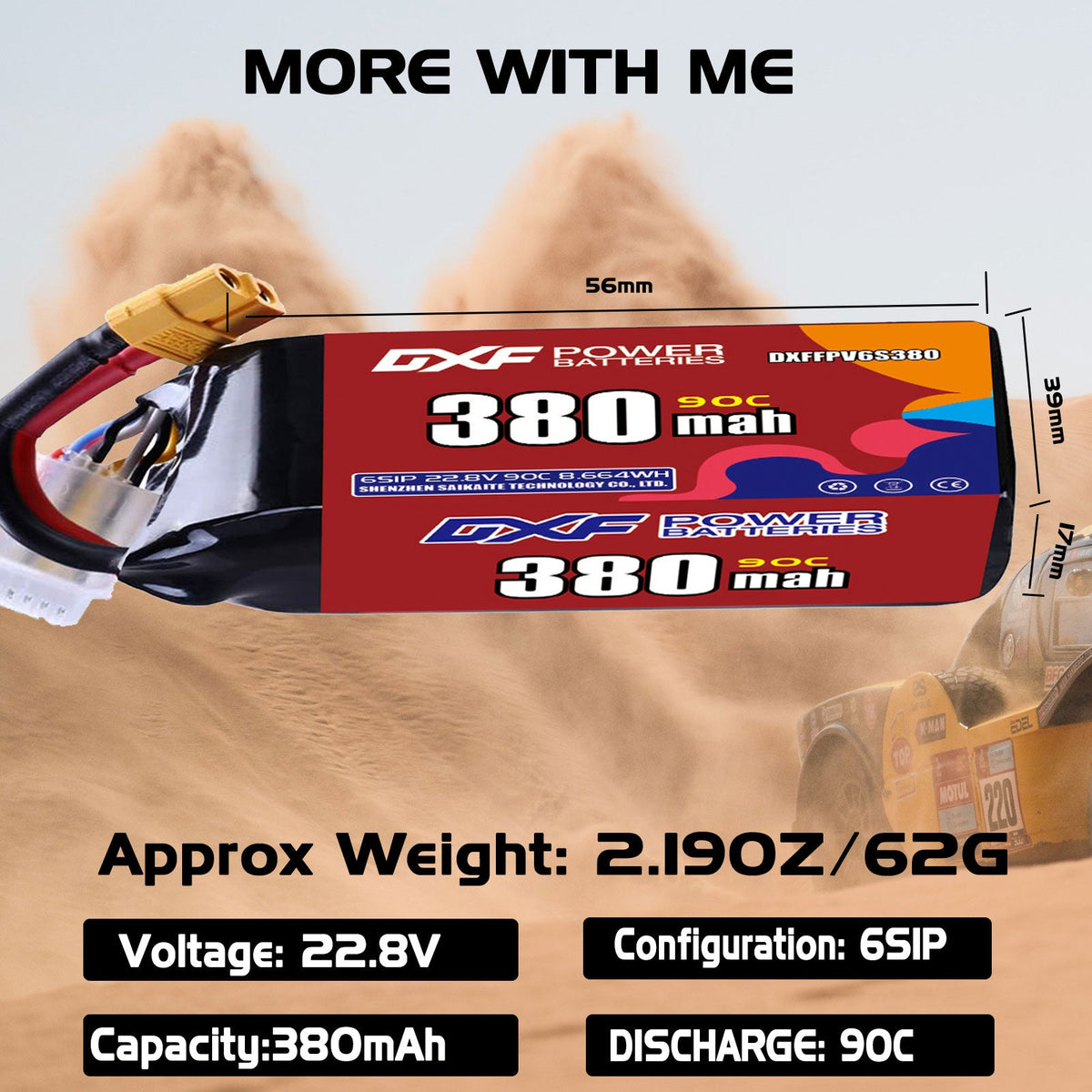 DXF 6S 22.8V 380mAh 90C LiPo Battery for FPV Micro Drones (PH2.0 / JST / XT30 / SM / XT60 / EC5 / XT90 Options)