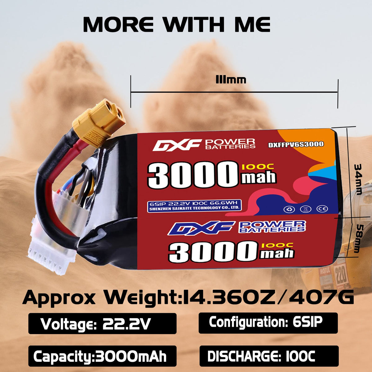 DXF 6S 22.2V 3000mAh 100C LiPo Battery for FPV Micro Drones (PH2.0 / JST / XT30 / SM / XT60 / EC5 / XT90 Options)