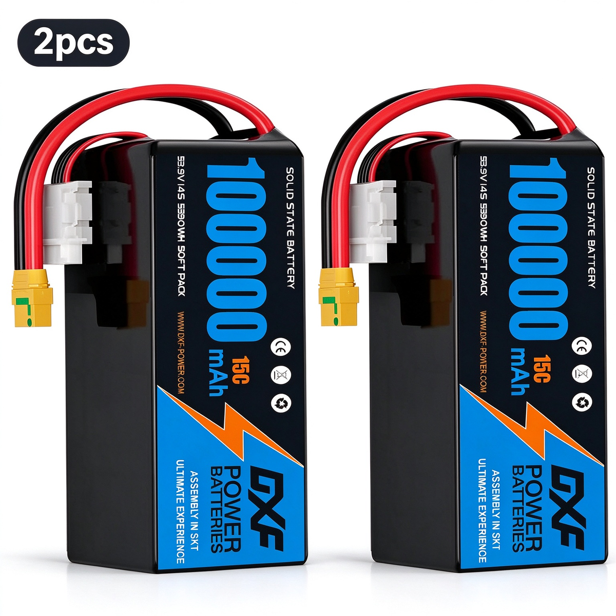 DXF SEMI-SOLID 14S 53.9V 100000mAh 15C Soft Case LiPo Battery with 8AWG Wire for Toy Cars, Boats, UAVs & Drones (1-6 Pack)