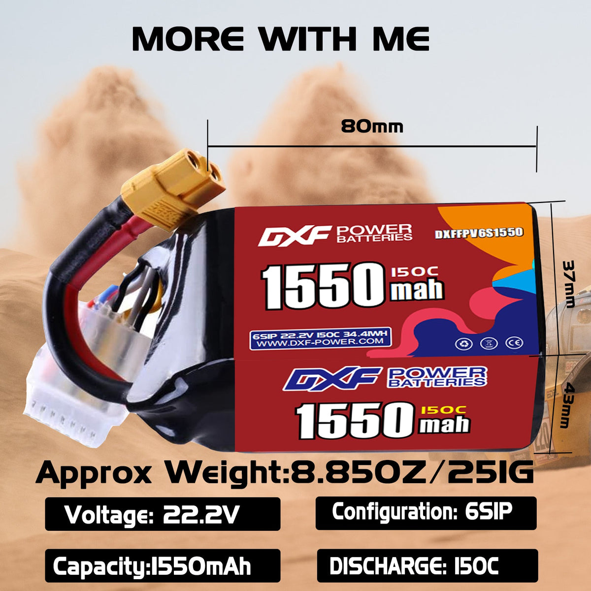 DXF 6S 22.2V 1550mAh 150C LiPo Battery for FPV Micro Drones (XT60 / EC5 / TRX / Deans / XT90 / XT150 / XT90S Options)