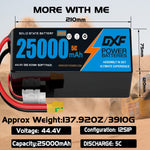DXF SEMI-SOLID 12S 44.4V 25000mAh 5C Soft Case LiPo Battery with 8AWG Wire for Toy Cars, Boats, UAVs & Drones (1-6 Pack)