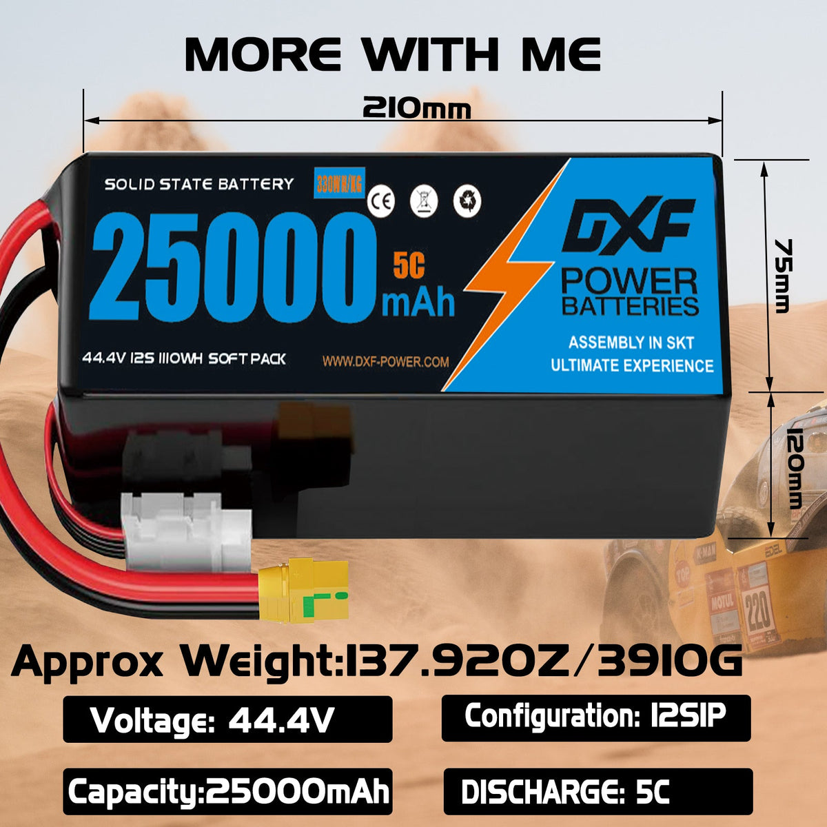 DXF SEMI-SOLID 12S 44.4V 25000mAh 5C Soft Case LiPo Battery with 8AWG Wire for Toy Cars, Boats, UAVs & Drones (1-6 Pack)