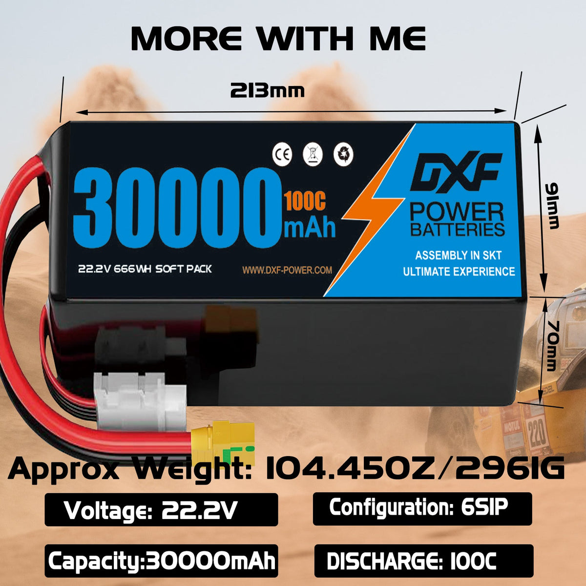 DXF 6S 22.2V 30000mAh 100C Soft Case LiPo Battery with 8AWG Wire for Toy Cars, Boats, UAVs & Drones (1-6 Pack)