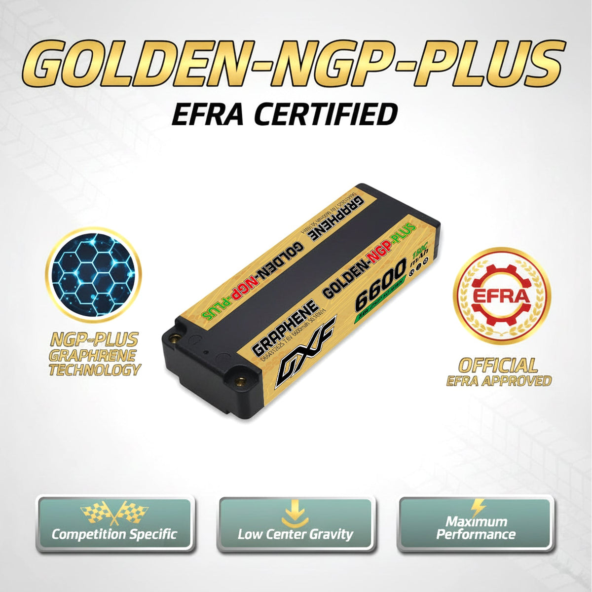 DXF GOLDEN-NGP PLUS 2S HV 7.6V 6600mAh 150C EFRA Hardcase LiPo Battery, 5mm Bullet to Deans T-Plug (1-6 Pack)