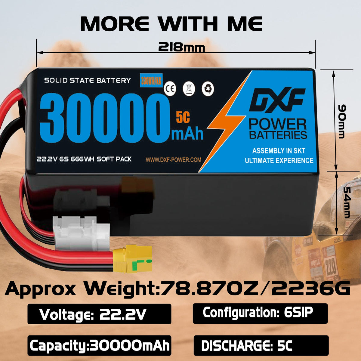 DXF SEMI-SOLID 6S 22.2V 30000mAh 5C Soft Case LiPo Battery with 8AWG Wire for UAVs & Drones (1-6 Pack)
