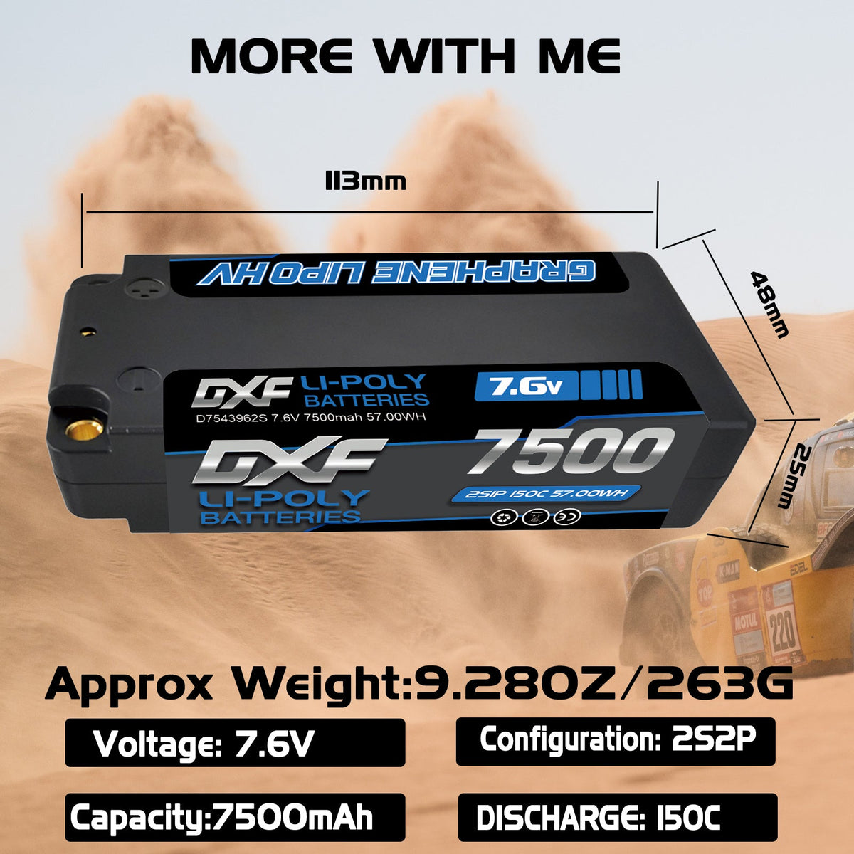 DXF LiPo Battery 2S2P HV 7.6V 7500mAh 150C Graphene Gray with 5mm Bullet / EC5 / T / TRX / XT60 / XT90 / XT150 / Q8s Plug for RC 1/10 1/8 1/5 Scale Car Racing