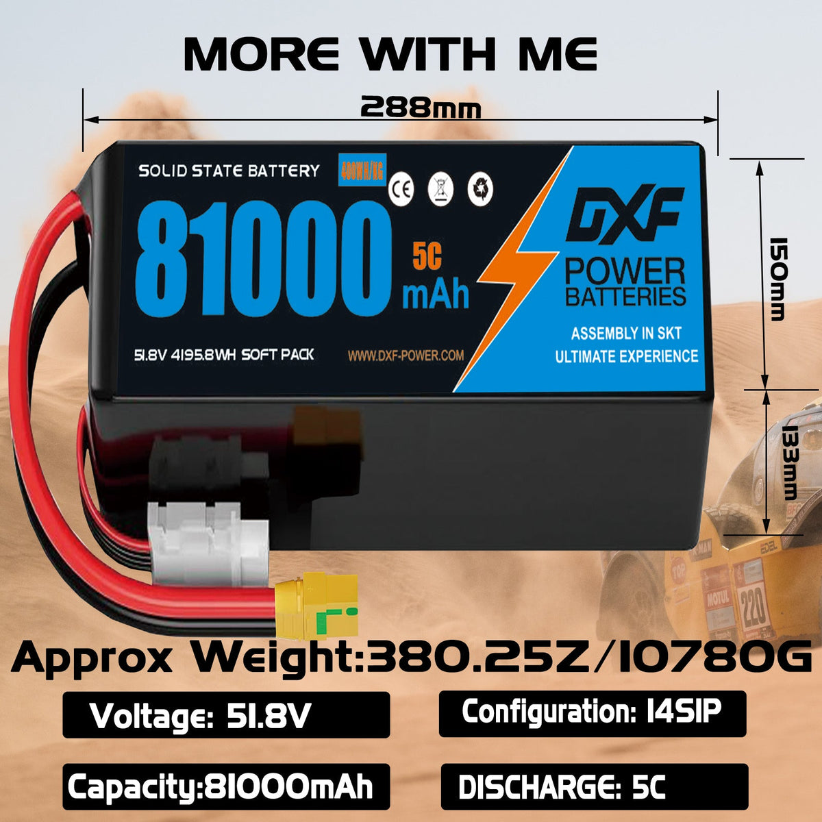 DXF 14S 51.8V 81000mAh 5C Soft Case LiPo Battery with 8AWG Wire for Toy Cars, Boats, UAVs & Drones (1-6 Pack)